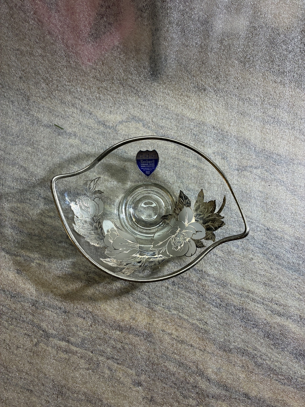 vintage Rockwell candy dish featuring sterling silver floral overlay on glass